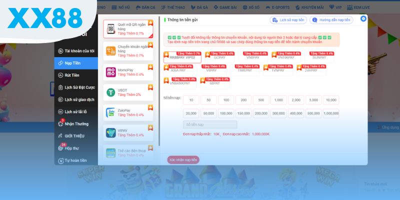Có nhiều phương thức nạp tiền đa dạng tại XX88